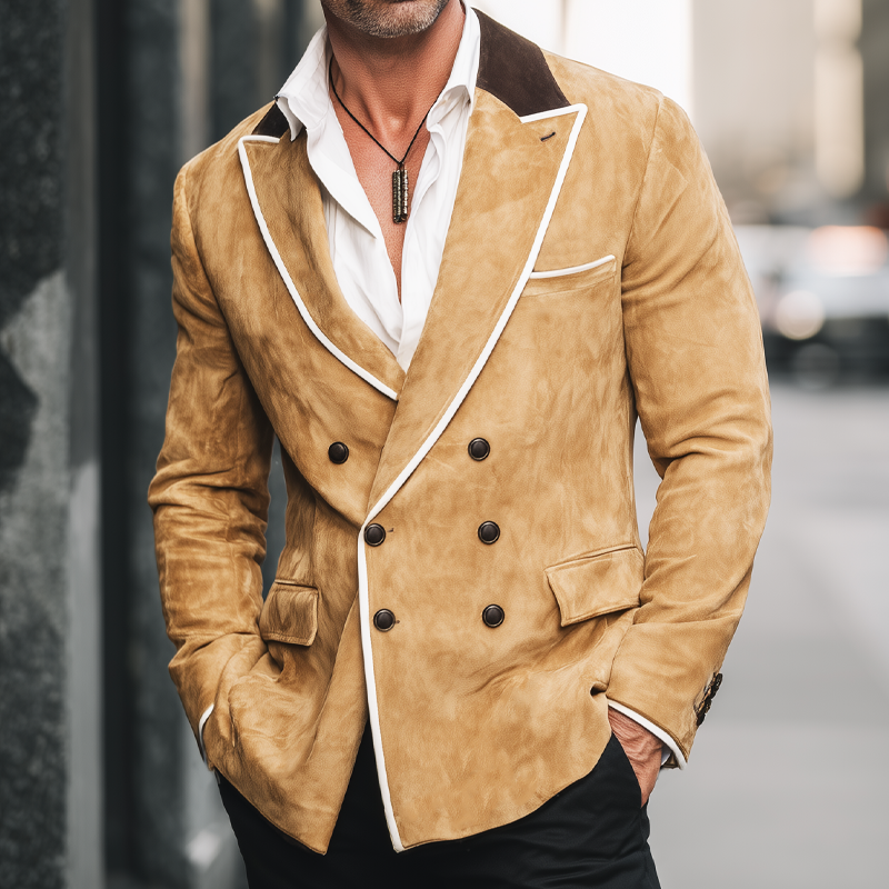 Men's Retro Colorblock Collar Double-Breasted Suede Blazer MTA2283H2U