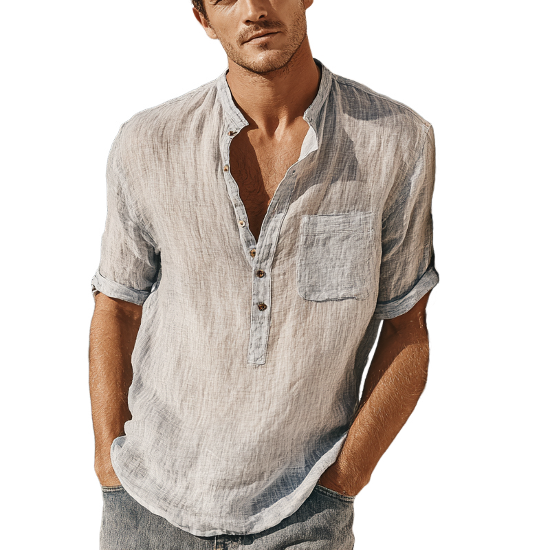 Men's Cotton And Linen Stand Collar Short-Sleeved Shirt MTA0881G8X