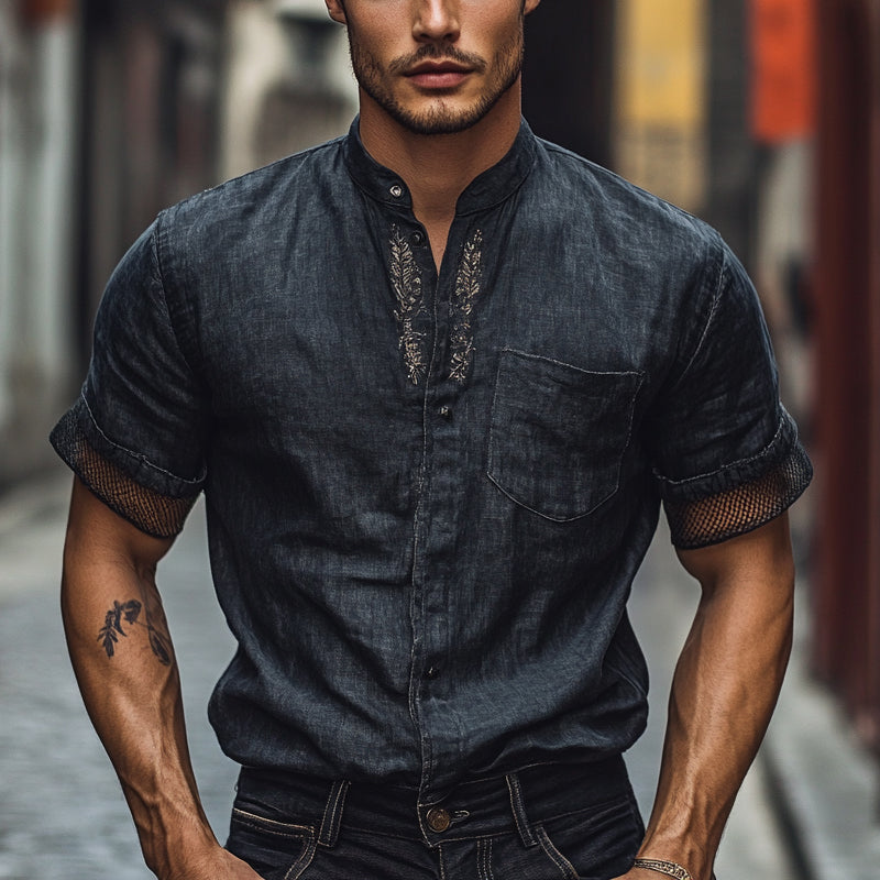 Men's Solid Color Embroidered Stand Collar Short Sleeve Shirt MTA2747E8X