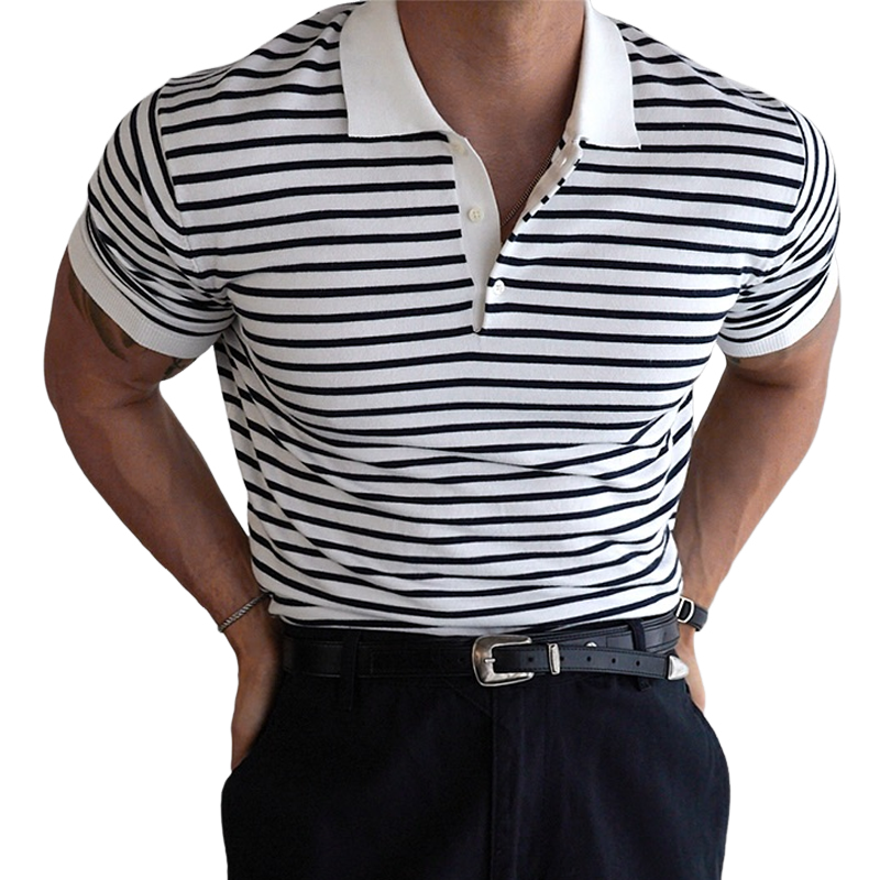 Men's Striped Lapel Short Sleeve Polo Shirt MTA0664E1Z