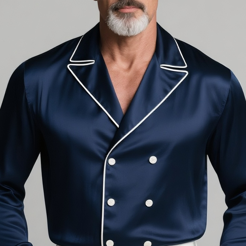 Men's White Trim Lapel Double Breasted Long Sleeve Satin Shirt MTA2398G0Z