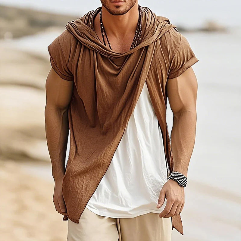 Men's Retro Casual Cotton Linen Colorblock Fake Two-Piece Hooded Short-Sleeved Shirt MTA1437D2TO