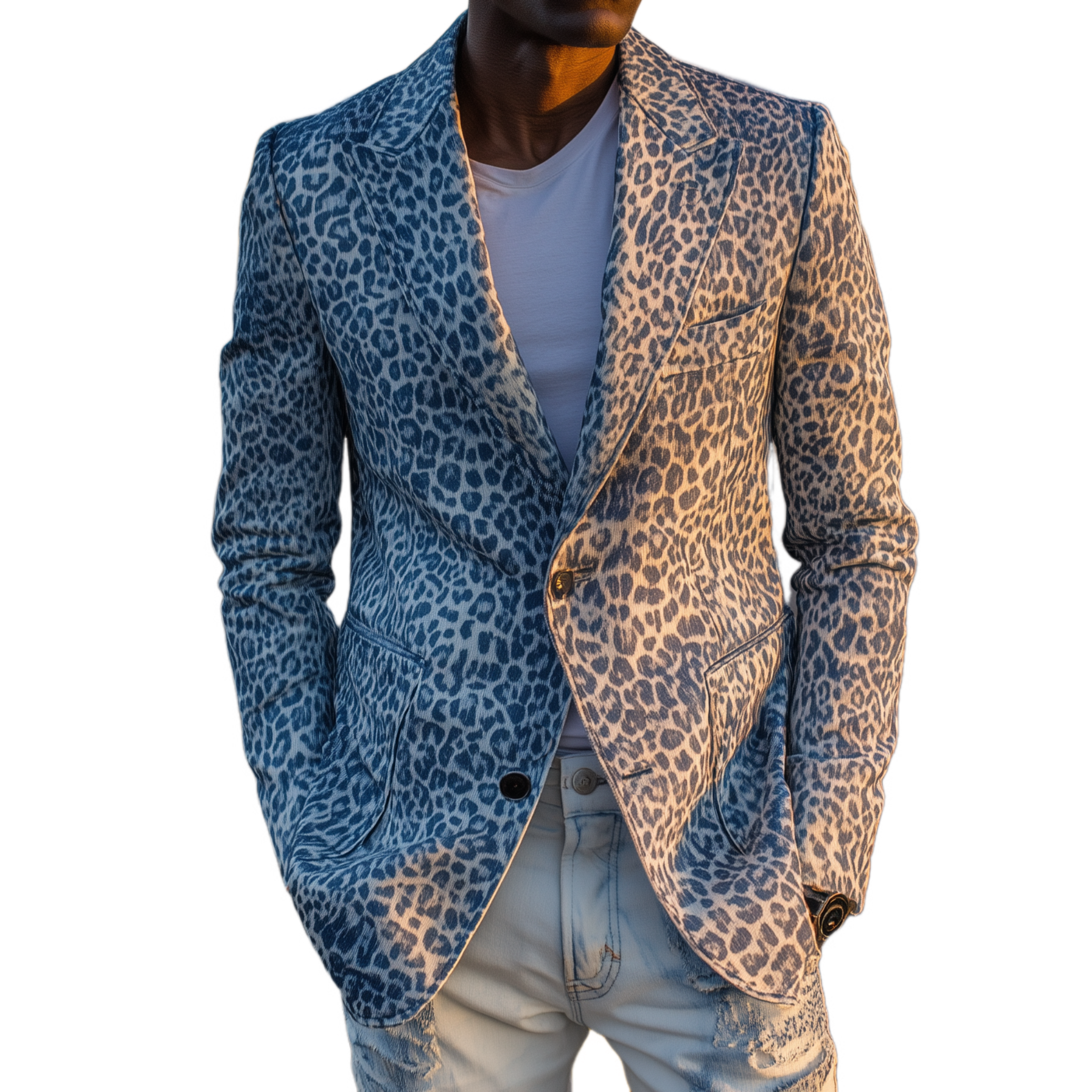Men's Classic Fashion Leopard Print Denim Slim Fit Single-breasted Blazer MTA0726H2K