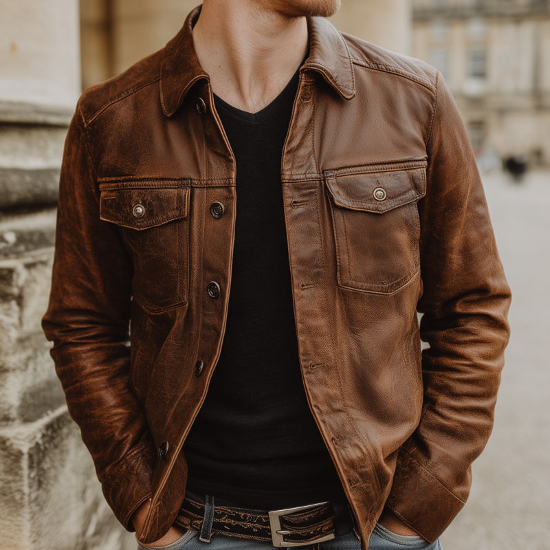 Men's Vintage Faux Leather Lapel Single Breasted Chest Pocket Slim Fit Jacket MTA2909G0M