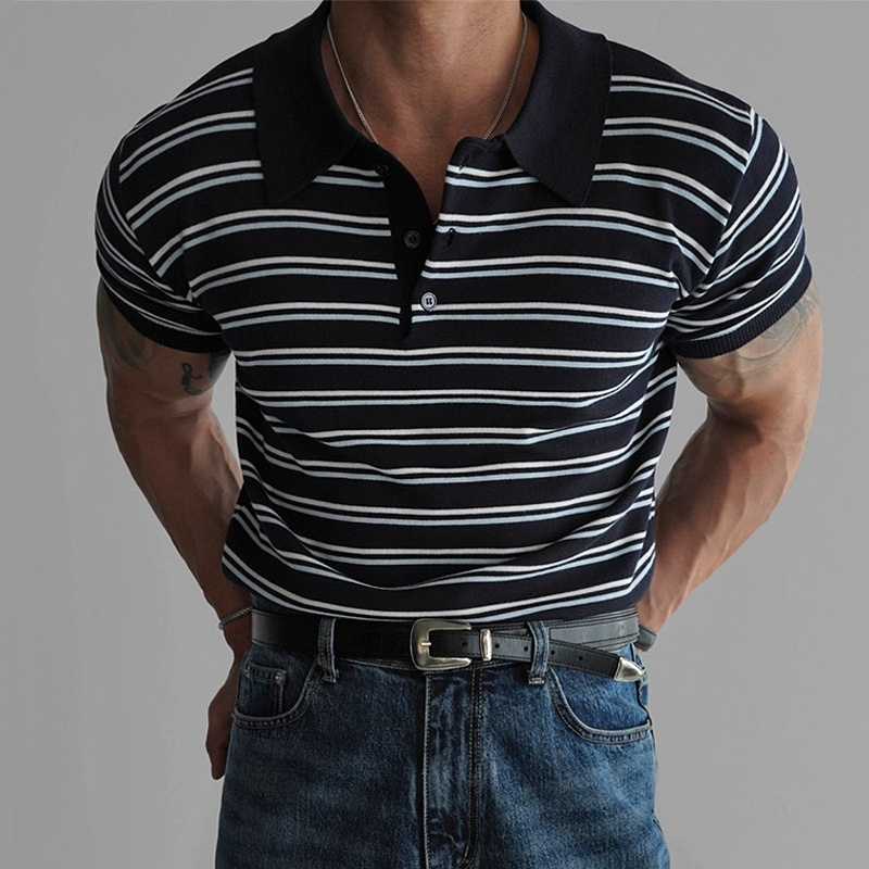 Men's Fashion Striped Lapel Short Sleeve Polo Shirt MTA1615E1Z