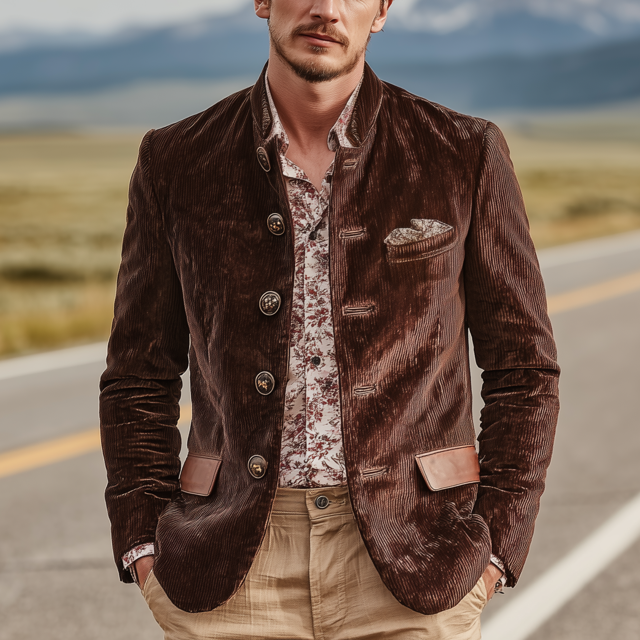 Men's Classic Casual Pocket Stitching PU Leather Stand Collar Corduroy Jacket MTA1709I2K