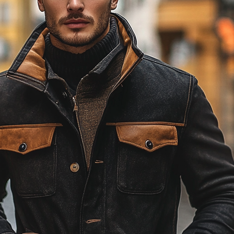 Men's Retro Stitching PU Lapel Single-Breasted Contrast Color Jacket MTA1358I8X