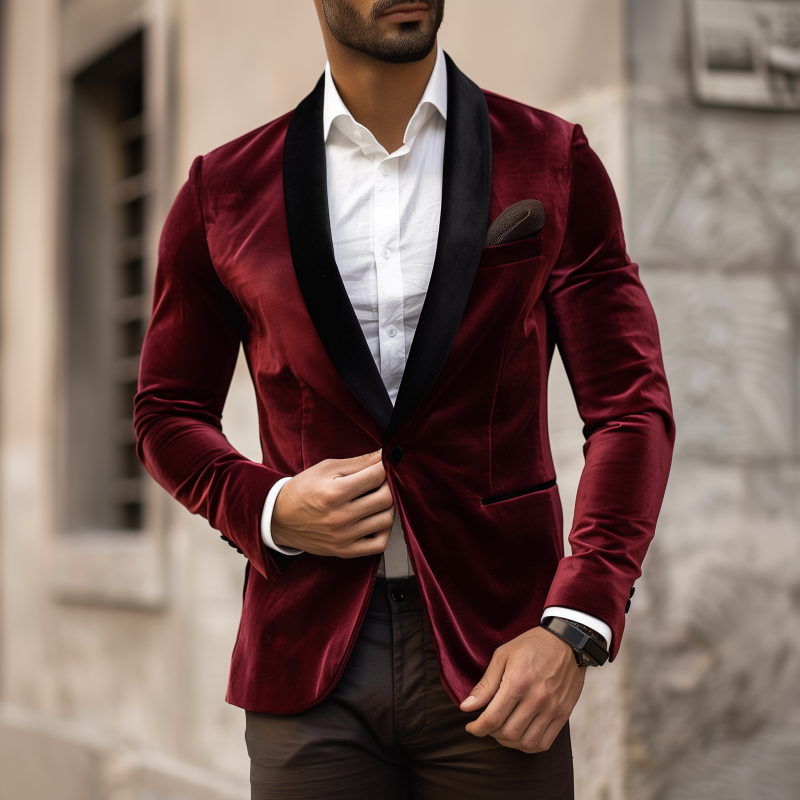 Men's Vintage Solid Color Velvet Colorblock Patchwork Shawl Collar Single-breasted Slim-fit Blazer MTA1284H5M