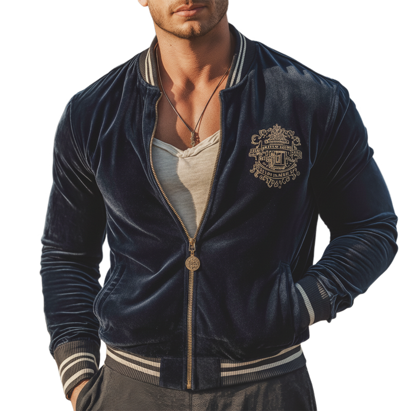 Men's Classic Urban Style Navy Velvet Embroidered Zip-up Jacket MTA2992L4U