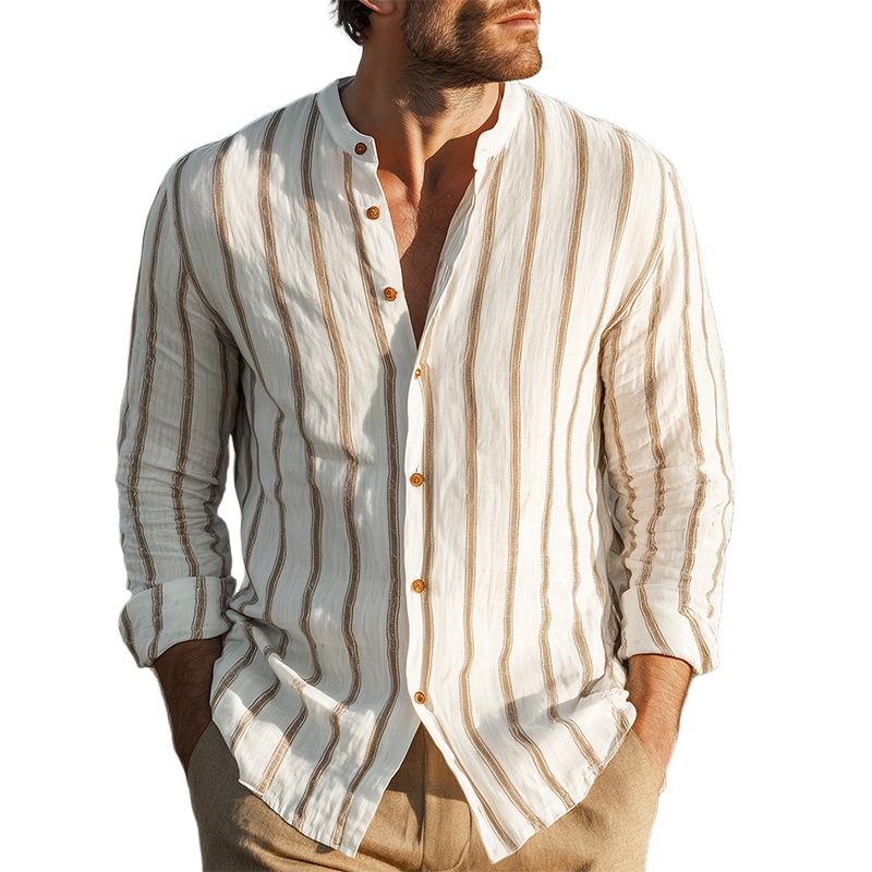Men's Spring And Summer Classic Casual Stand-up Collar Tencel Cotton Blend Vertical Striped Long-sleeved Shirt MTA1164G9K