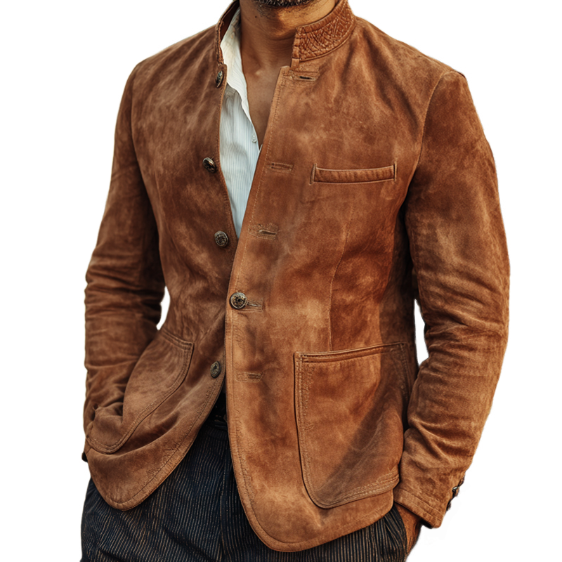 Men's Vintage Faux Suede Stand Collar Single Breasted Jacket MTA2729H3Z