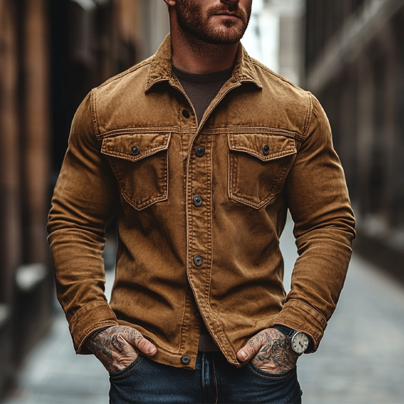 Men's Retro Washed Collar Denim Long-Sleeve Shirt MTA2034K0X