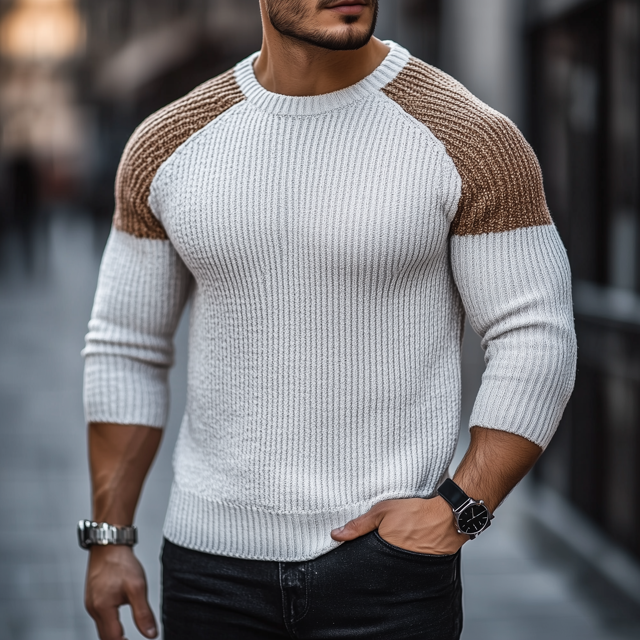 Men's Simple Color Block Cotton Yarn Knit Crew Neck Slim Fit Sweater MTA2964J7P