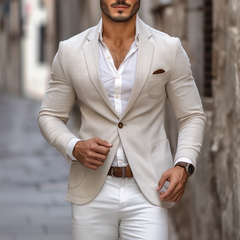 Men's Casual Solid Color Cotton Linen Blend Notch Lapel Single-breasted Slim-fit Blazer MTA2820G9M