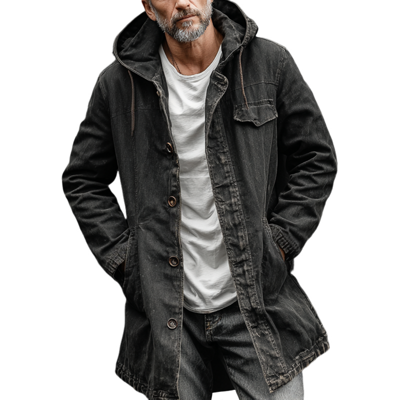 Men's Washed Cotton Hooded Single Breasted Mid Length Coat MTA1386H3Z