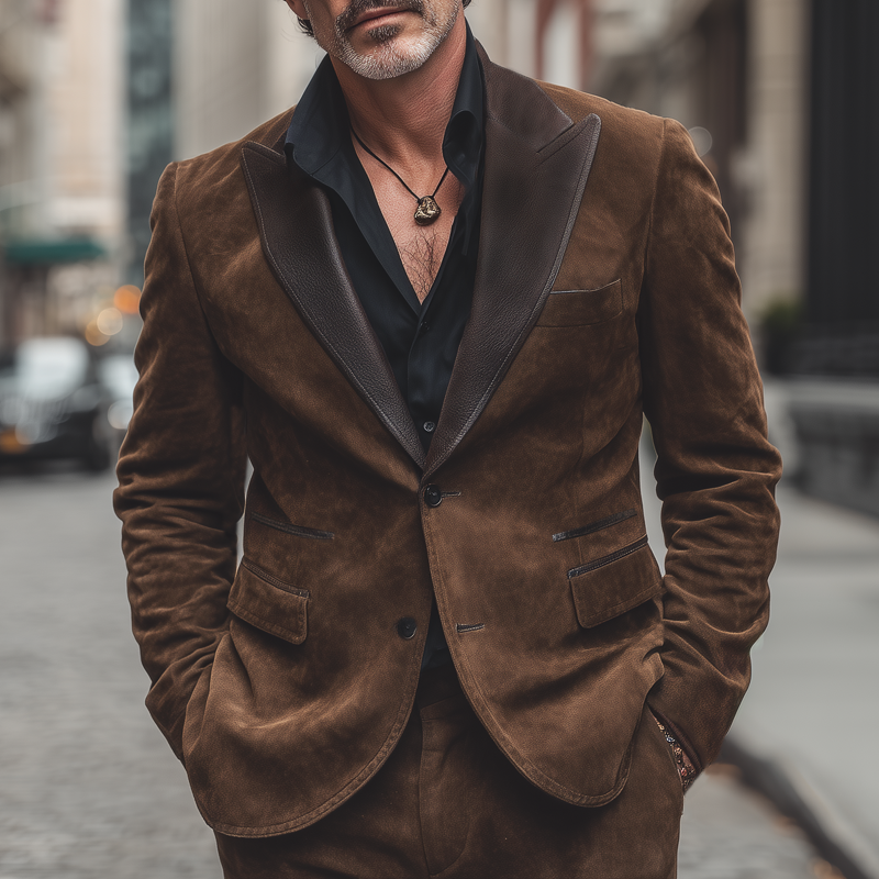 Men's Vintage Suede And PU Leather Collar Two-button Blazer MTA2004H6U