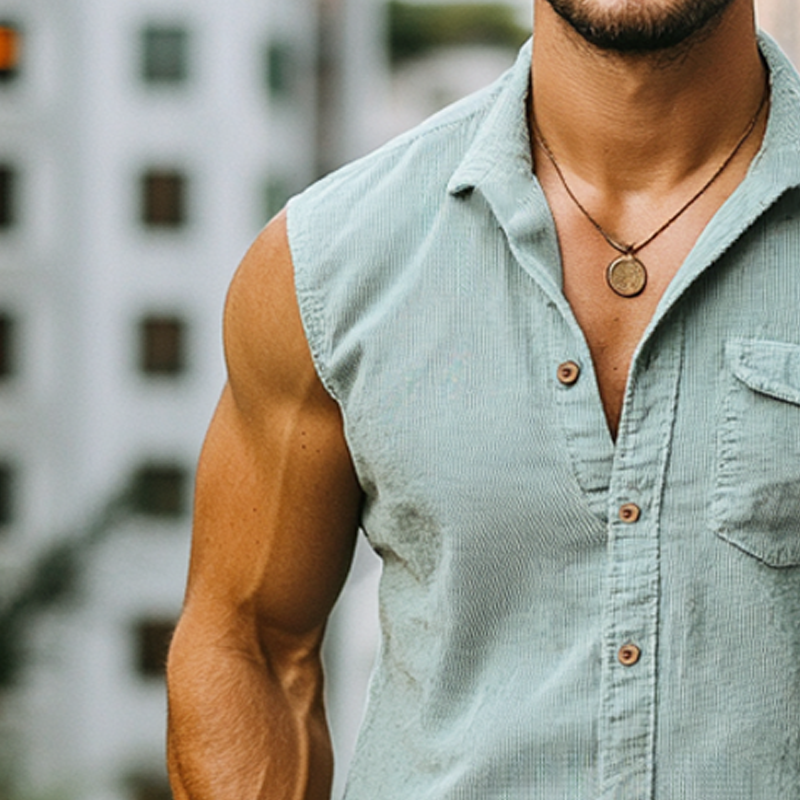 Men's Summer Classic Solid Color Corduroy Sleeveless Shirt MTA0136G8U