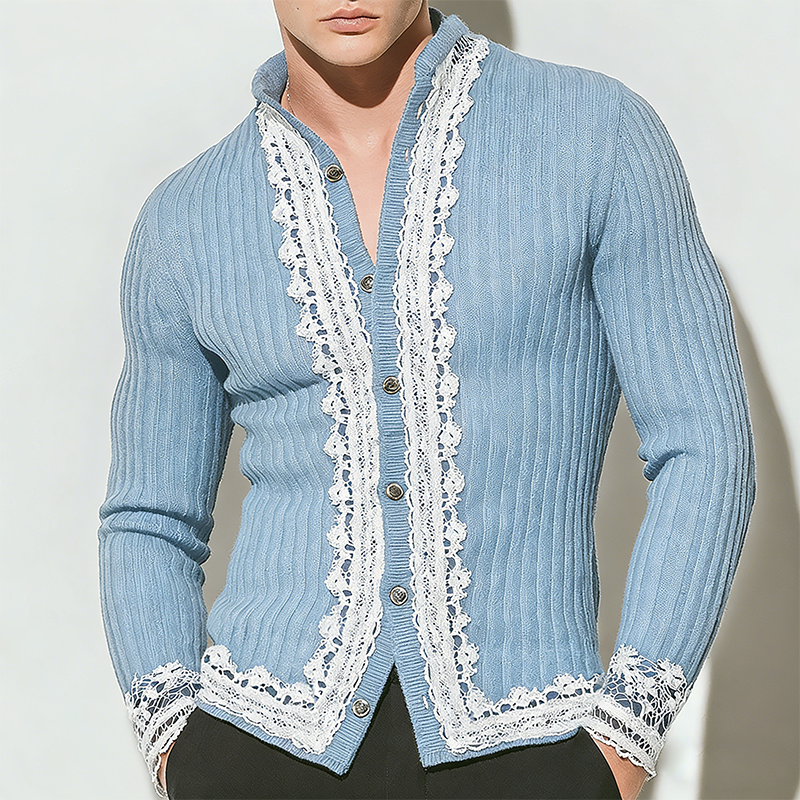 Men's Retro Casual Knitted Patchwork Lace Stand Collar Button Cardigan MTA1146L7TO