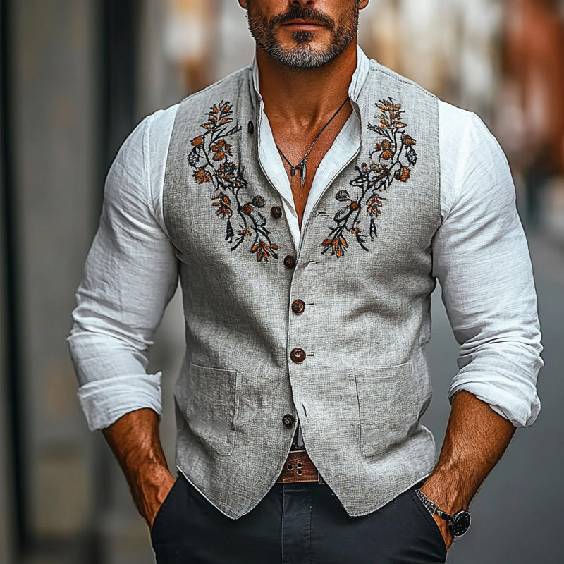 Men's Vintage Embroidered Stand Collar Vest 52509697X