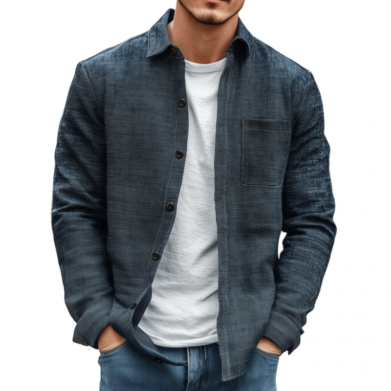 Men's Casual Breathable Cotton Linen Blend Lapel Patch Pocket Slim Fit Long Sleeve Shirt MTA1737G7M