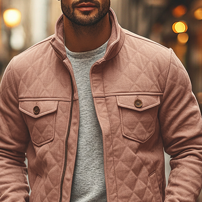 Men's Solid Color Cotton Blend Quilted Stand Collar Zip-up Jacket MTA0119K0X