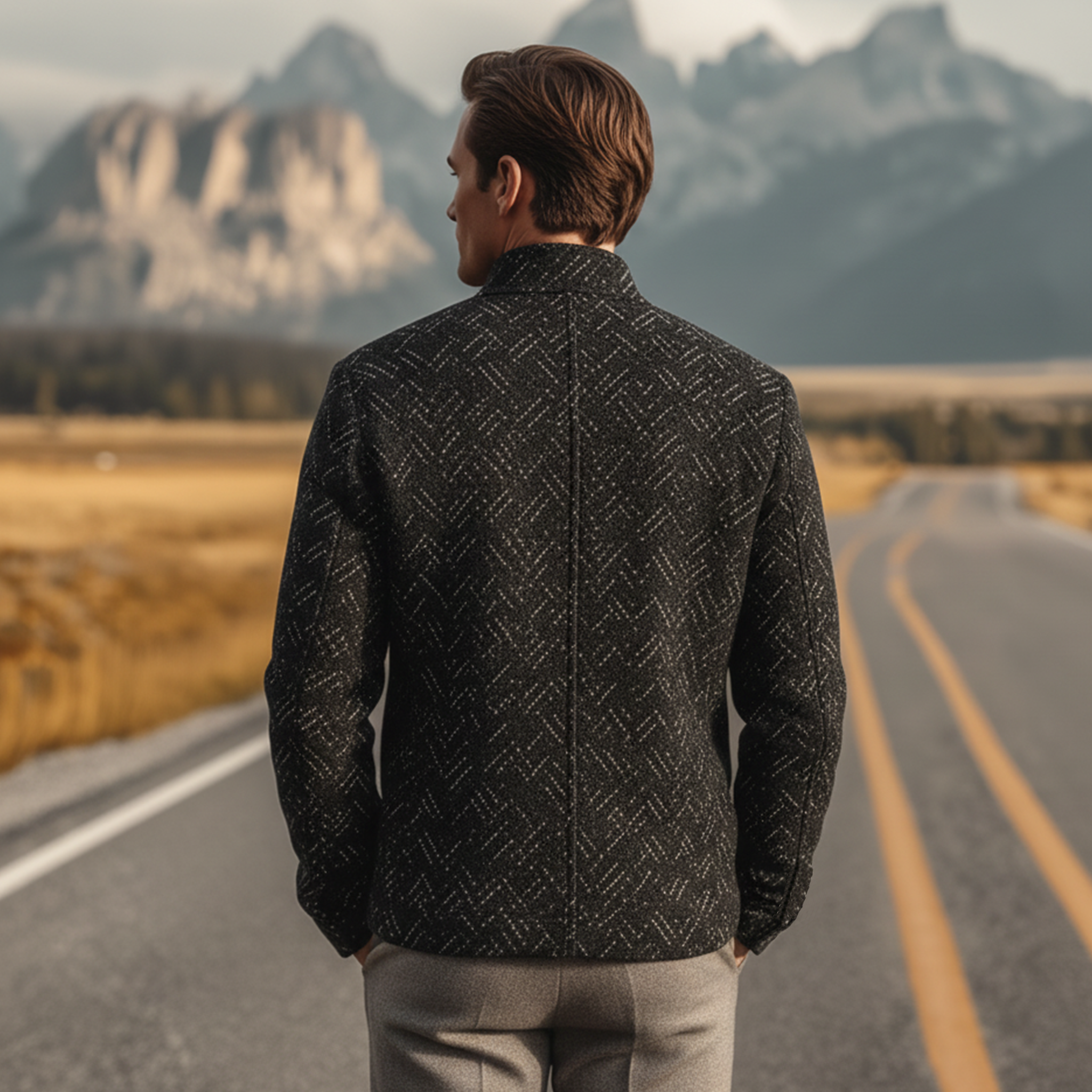 Men's Classic Light Business Stand Collar Multi-pocket Faux Textured Wool Jacket MTA2916I7K