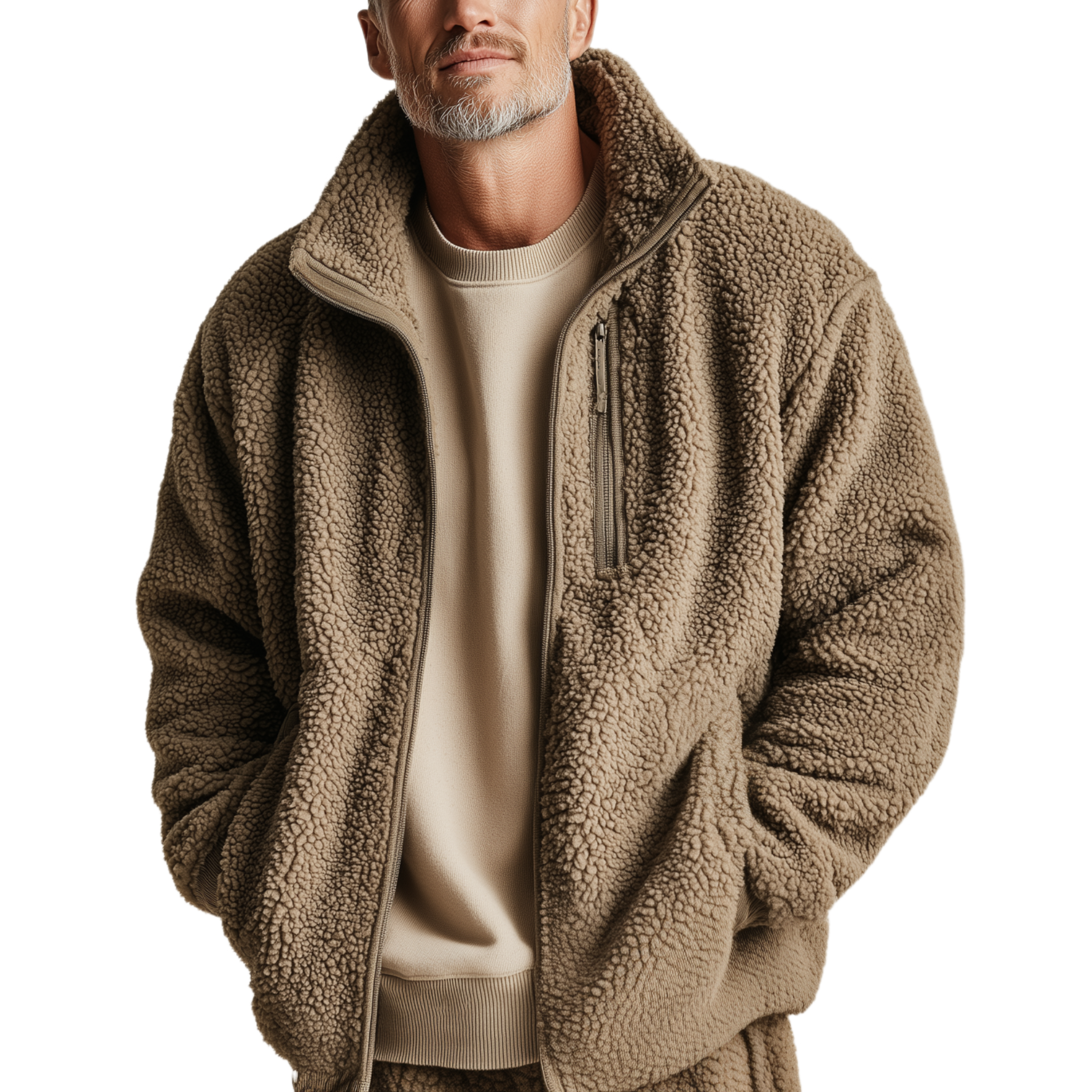 Men's Classic Casual Stand Collar Zipper Teddy Fleece Jacket MTA1732J6K