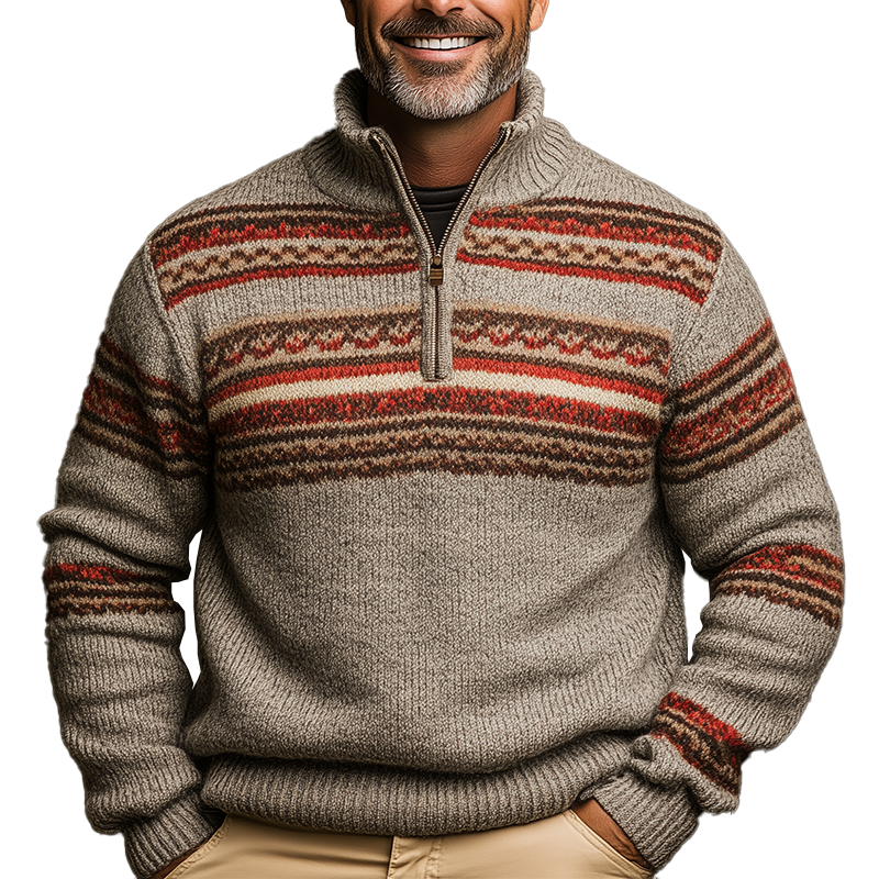 Men's Winter Retro Knitted Jacquard Cotton Yarn Half-Zip Sweater MTA2482K1P