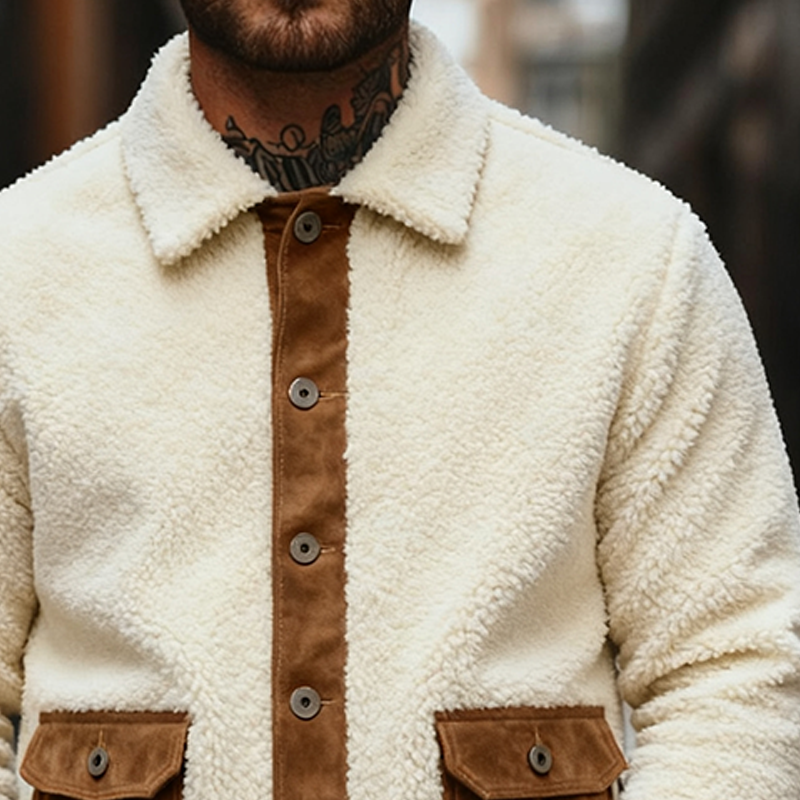 Men's Casual Fleece Patchwork Faux Suede Collar Button Jacket MTA1182K0X