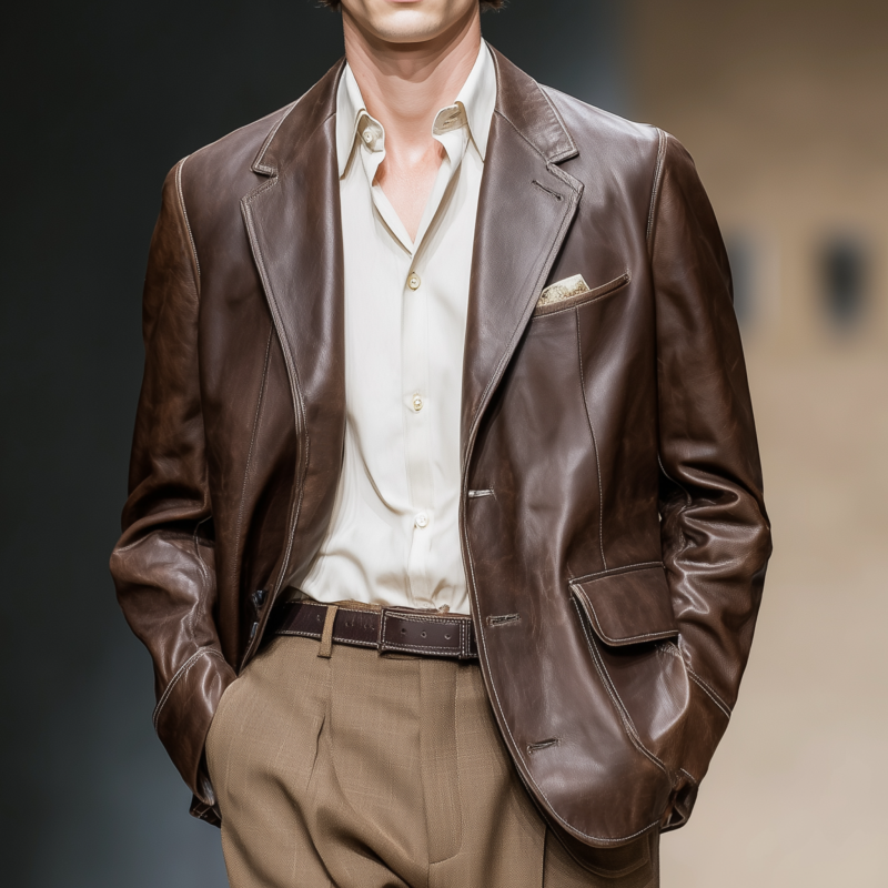 Men's Vintage Faux Leather Notched Lapel Single-Breasted Loose Fit Blazer MTA2986G5M