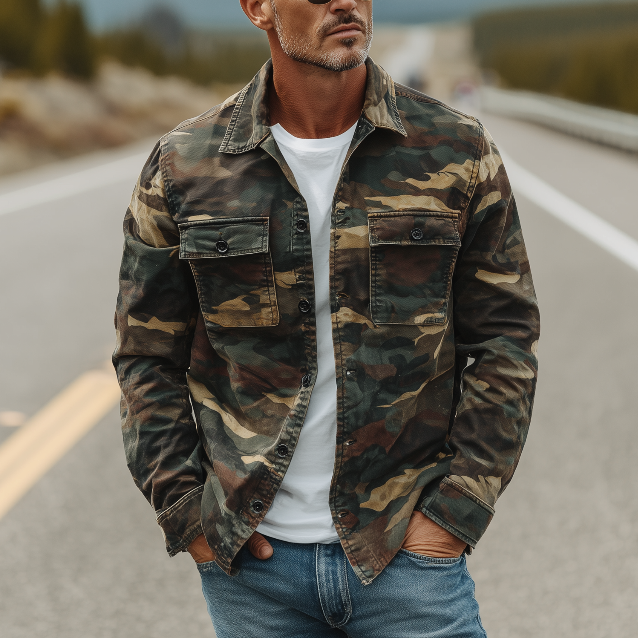 Men's Classic Vintage Washed Camouflage Cotton Blend Long Sleeve Shirt MTA3161G1K