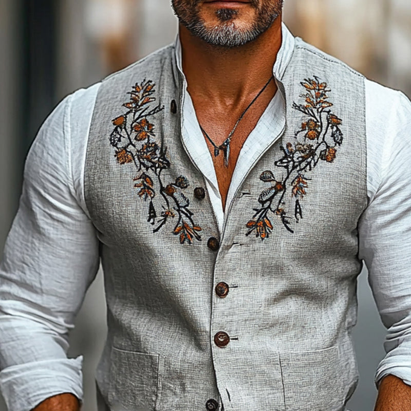 Men's Vintage Embroidered Stand Collar Vest 52509697X