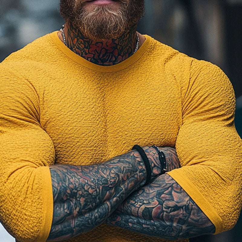 Men's Solid Color Textured Round Neck Long Sleeve T-Shirt MTA3089D3X