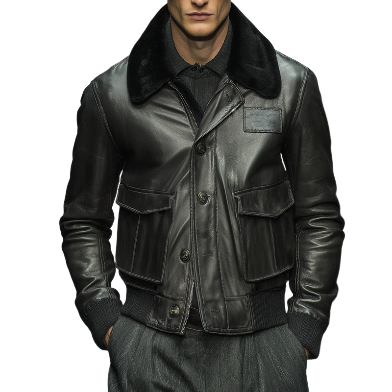 Men's Retro Casual Fur Collar Button Zipper Leather Jacket MTA0125I9TO