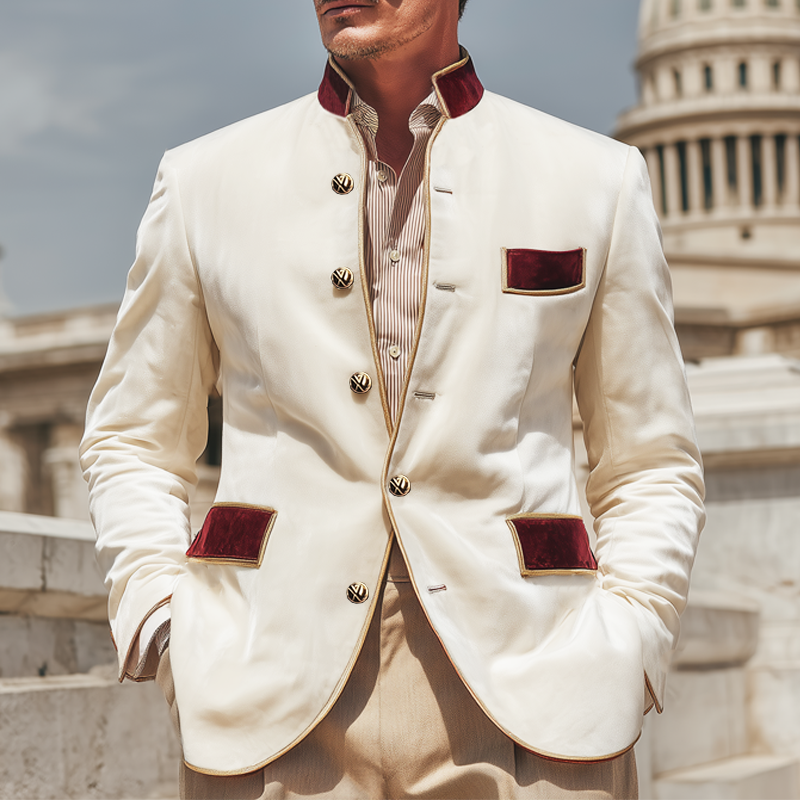 Men's Classic Stand Collar Velvet Colorblock Button Slim Fit Jacket MTA1647I4U
