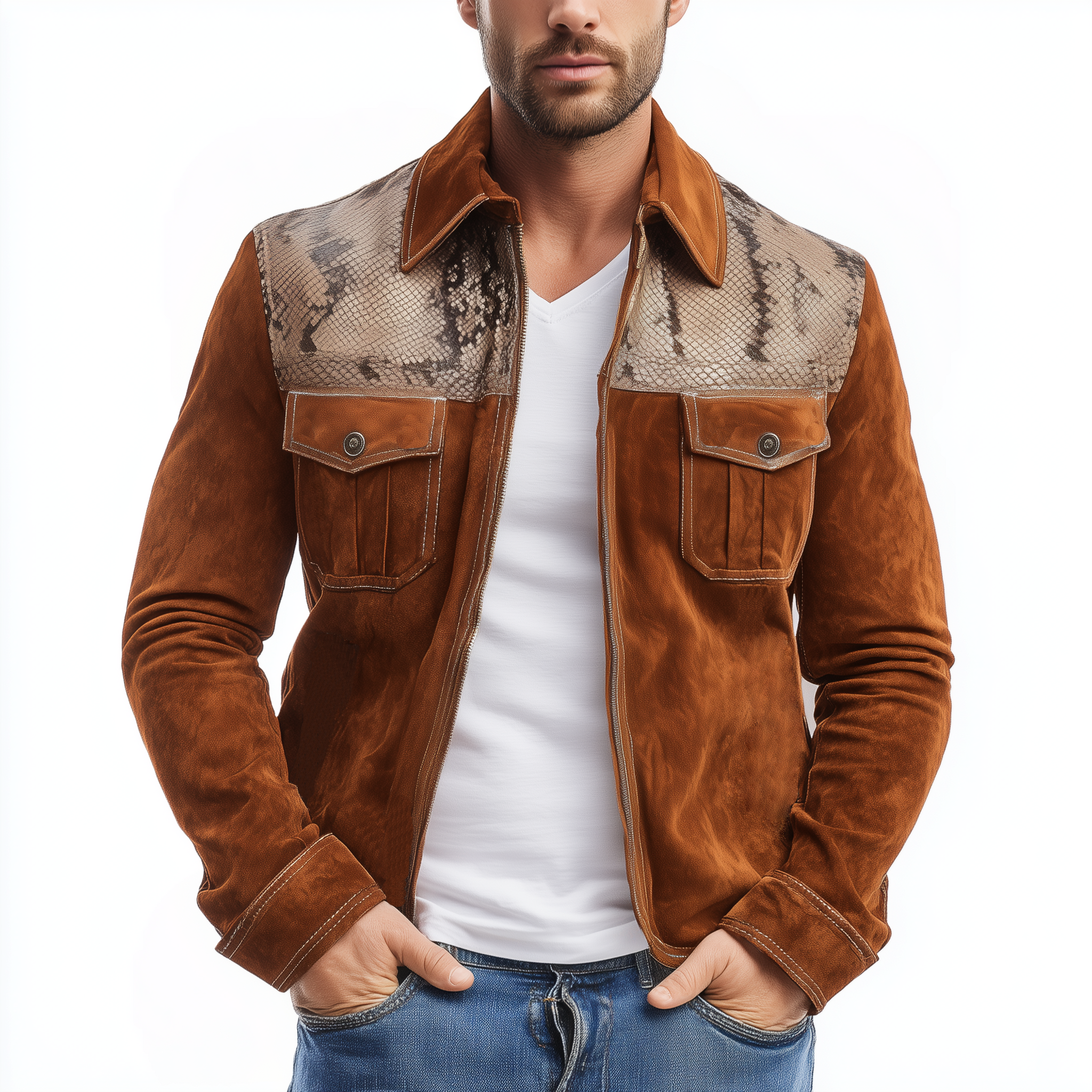 Men's Classic Casual Shoulder Stitching Textured PU Leather Zipper Lapel Suede Jacket MTA0165I3K