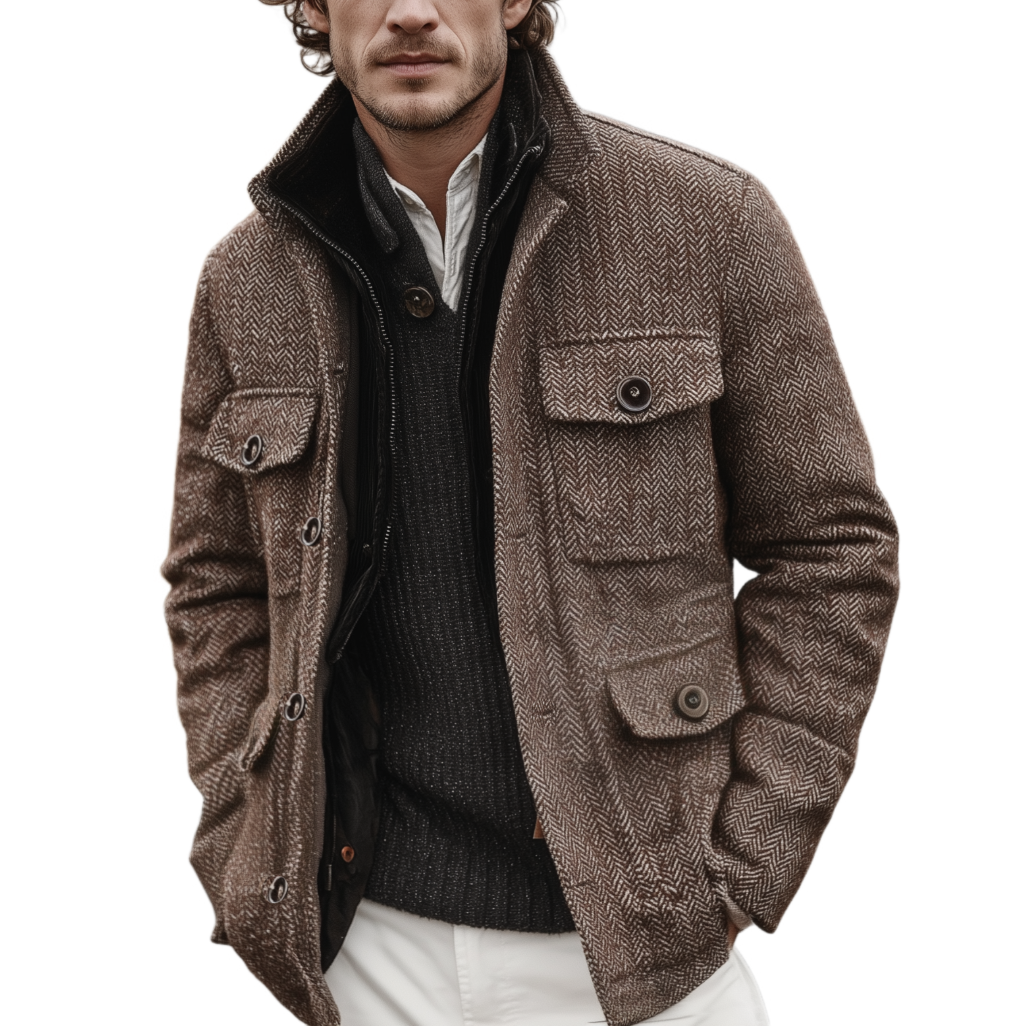 Men's Classic Casual Stand-up Collar Multi-pocket Faux Herringbone Woolen Jacket MTA1618J9K