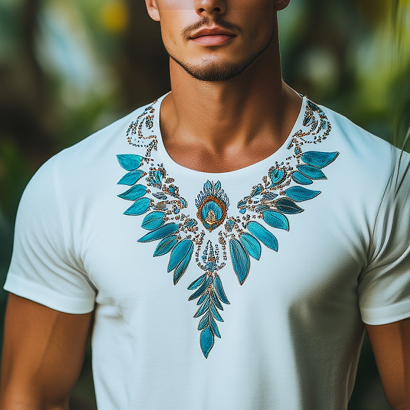 Men's Summer Indian Style Embroidered Short Sleeve T-Shirt MTA1057E8U