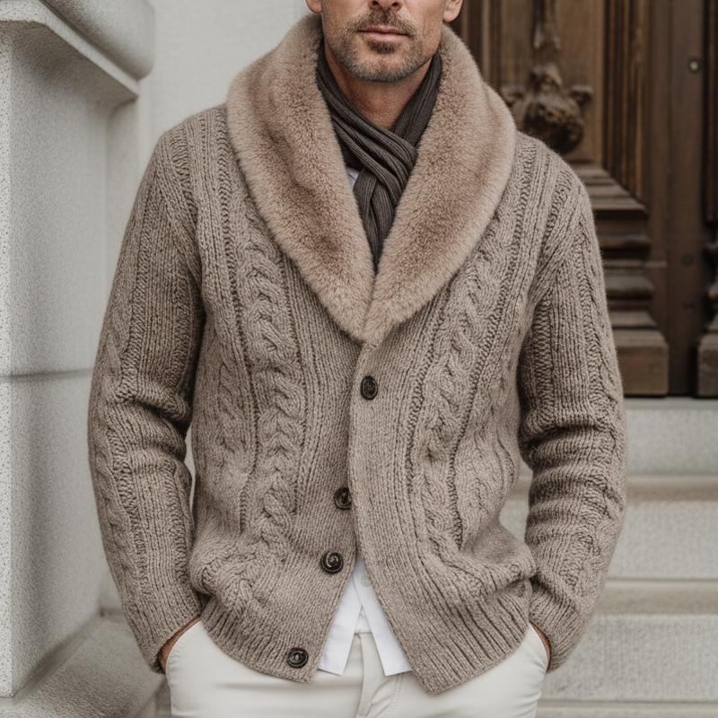 Men's Classic Cable Knit Detachable Mink Fur Collar Cardigan MTA2625K2U