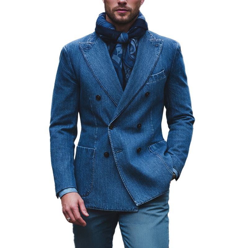 Men's Retro Minimalist Washed Denim Double-Breasted Suit Jacket MTA2142K5P