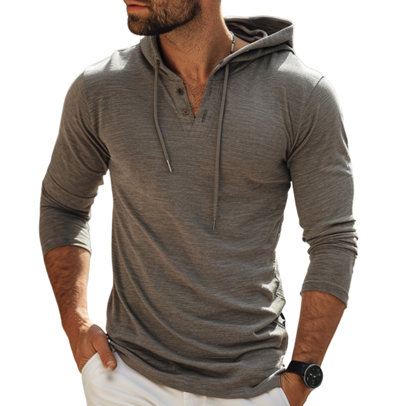 Felpa con cappuccio casual da uomo in misto cotone con collo Henley e maniche lunghe 96338108M