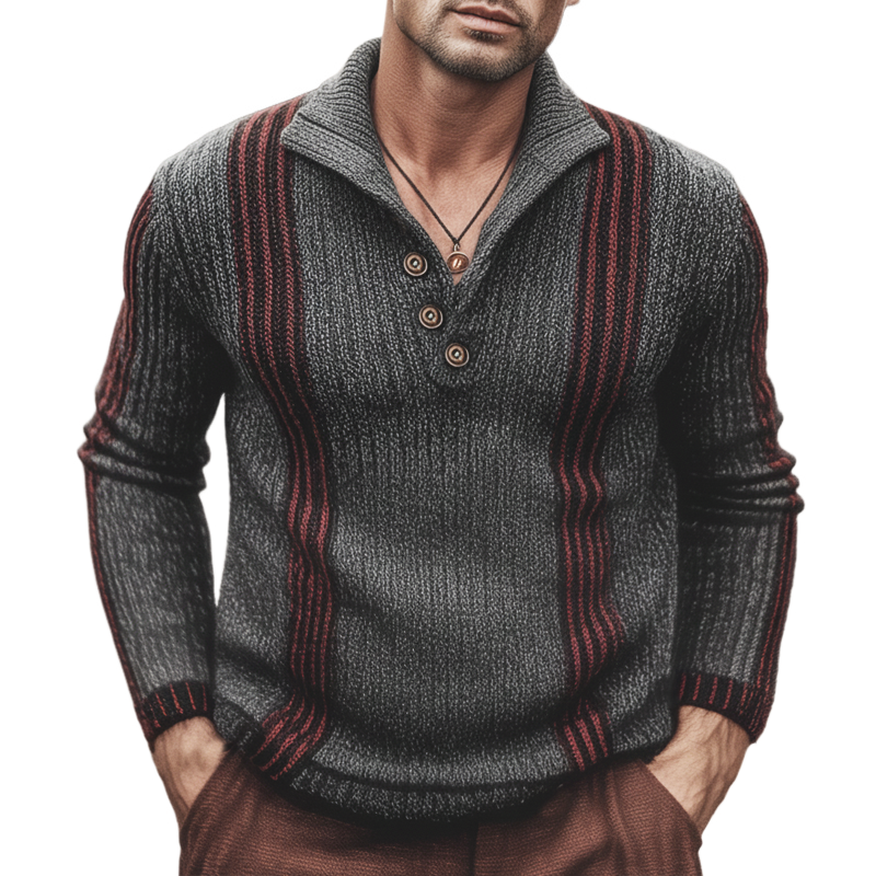 Men's Urban Dark Gray Color-Blocked Striped Button-Up Collar Knit Sweater MTA1987K0U