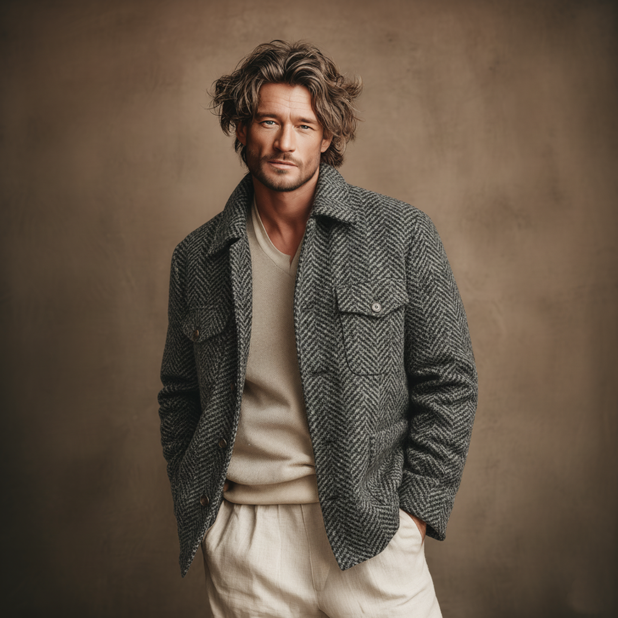 Men's Classic Light Business Faux Herringbone Pattern Wool Lapel Multi-pocket Jacket MTA1055J8K