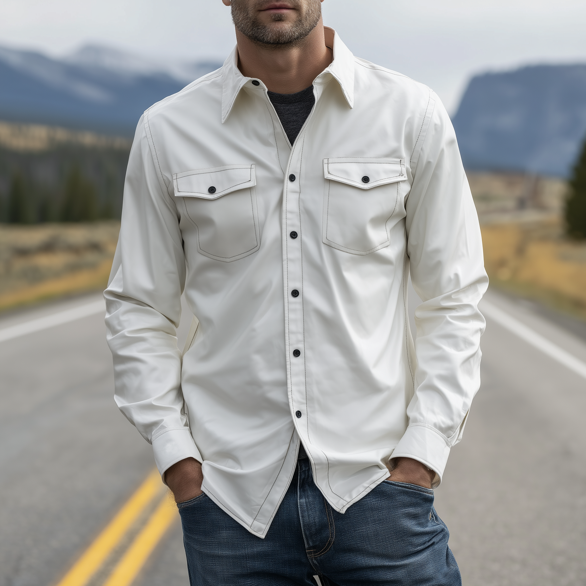 Men's Classic Casual PU Leather Lapel Long-sleeved Shirt MTA0232H6K