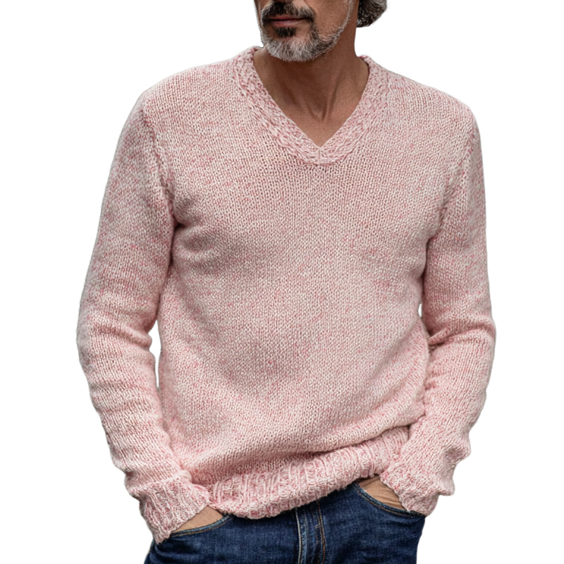 Men's Solid Color V-neck Knitted Pullover Sweater MTA1426H7X