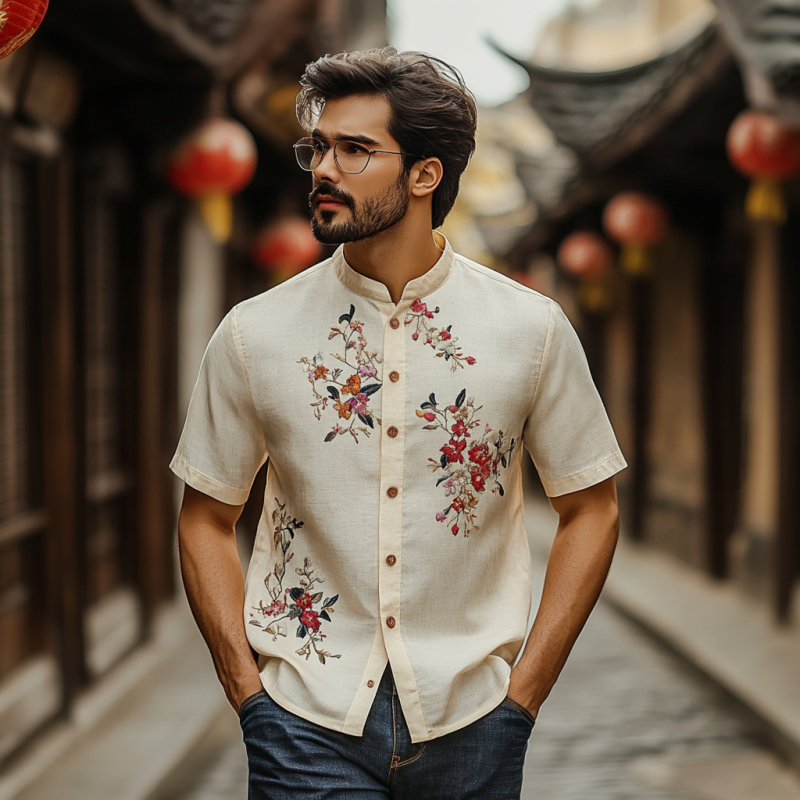 Men's Vintage Flower Embroidery Breathable Linen Stand Collar Slim Fit Short Sleeve Shirt MTA1625F6M