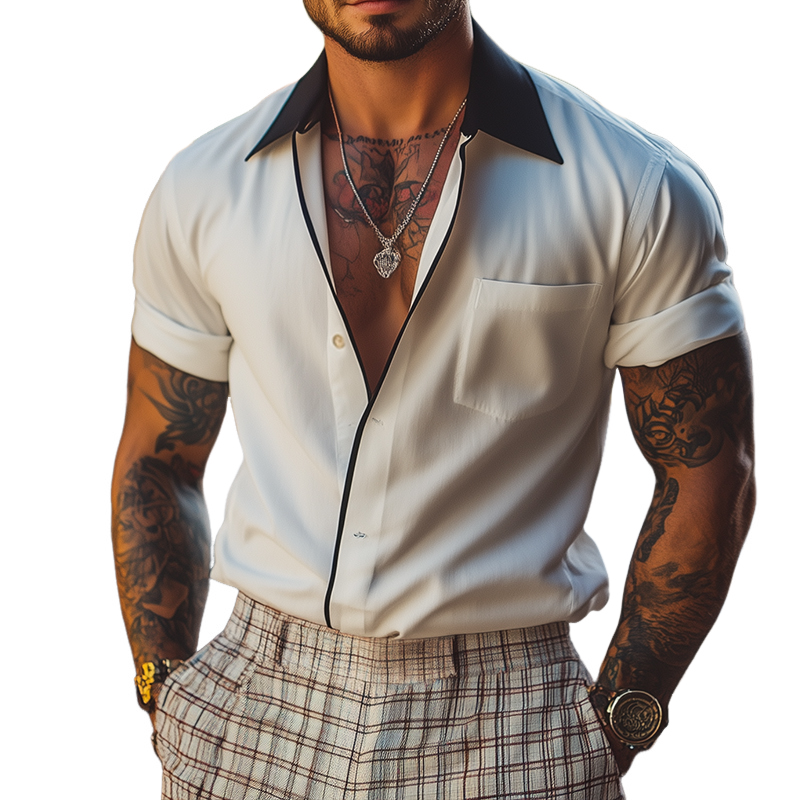 Men's Retro Colorblock Lapel Pocket Short Sleeve Shirt 13017334TO