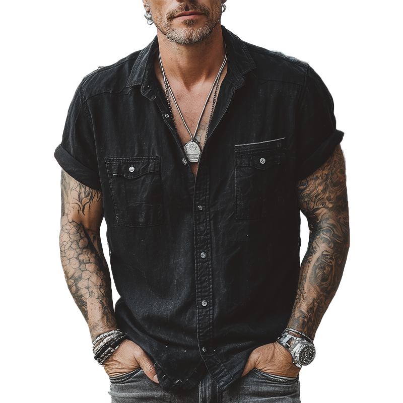 Men's Summer Fashion Washed Denim Short Sleeve Shirt MTA1404G3P