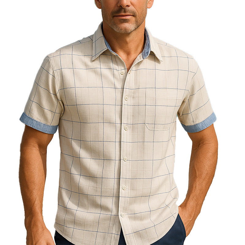 Men's Summer Fashion Simple Denim Patchwork Cotton Short Sleeve Shirt MTA2639E1P