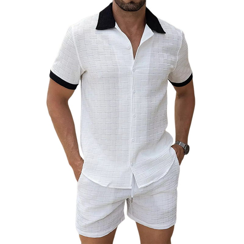 Men's Casual White Jacquard Short-sleeved Shirt 19722716U